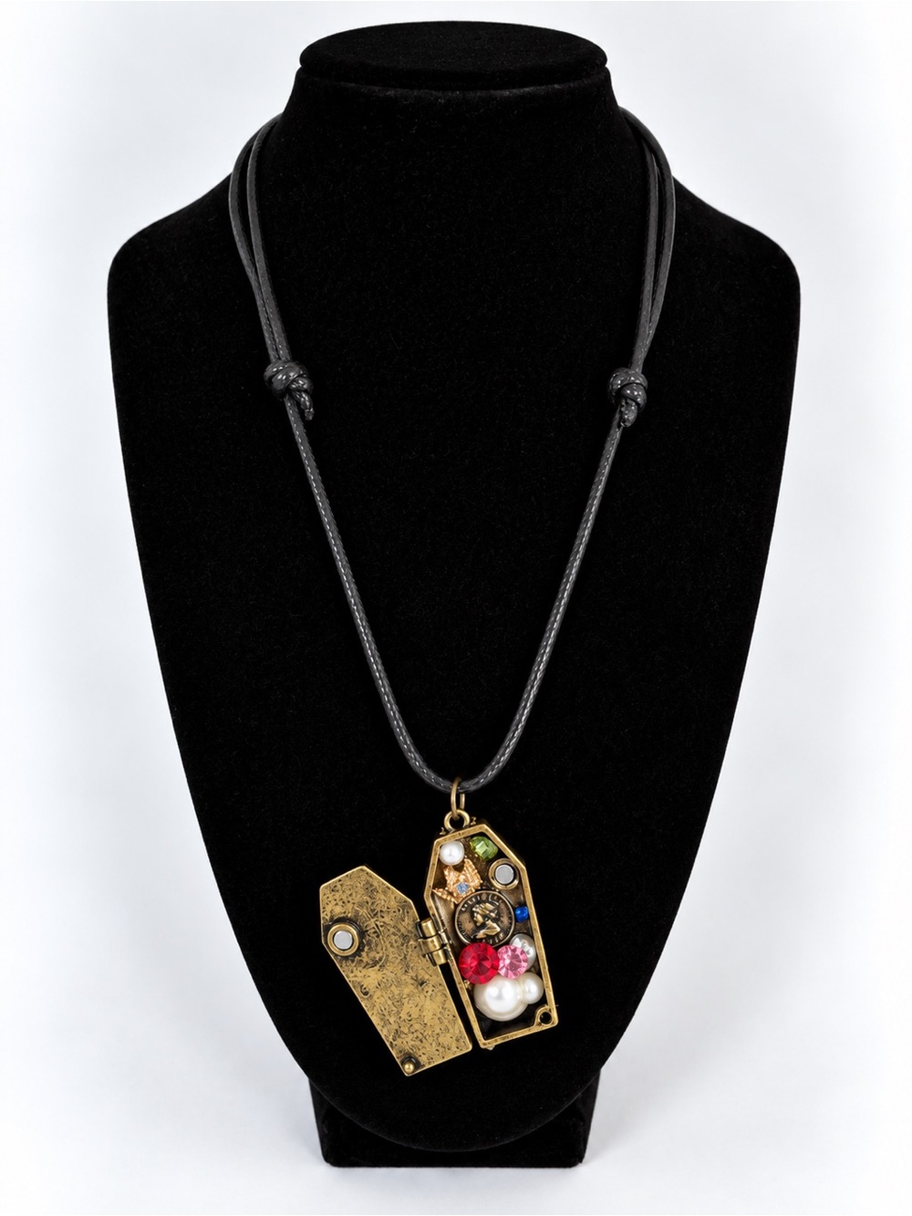 Gothic Coffin Locket Necklace – Antique Gold Tone Adjustable Cord Pendant